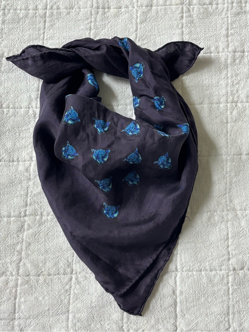 Silk-Blend Reversible Navy Blue Scarf with Blue Animal Print Motif